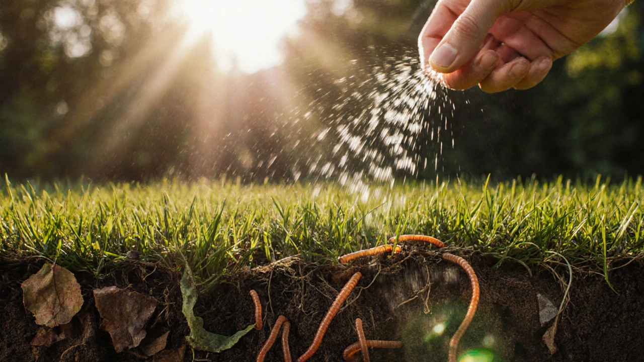 Крупный план почвы под газоном: черви, корни и перегной, над ними капли воды под вечерним солнцем.