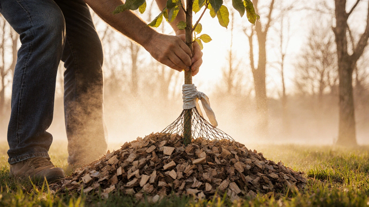 Молодая груша с мульчей и защитной сеткой на стволе, подвязанная к колу.