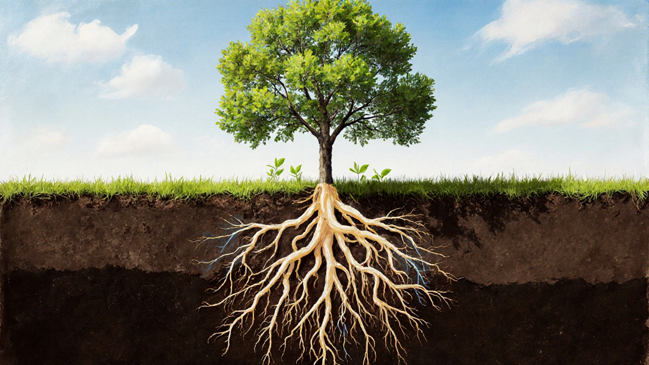 Разрез дерева: корни развиваются в рыхлой почве, а внизу — загнивающие корни при неправильной посадке.