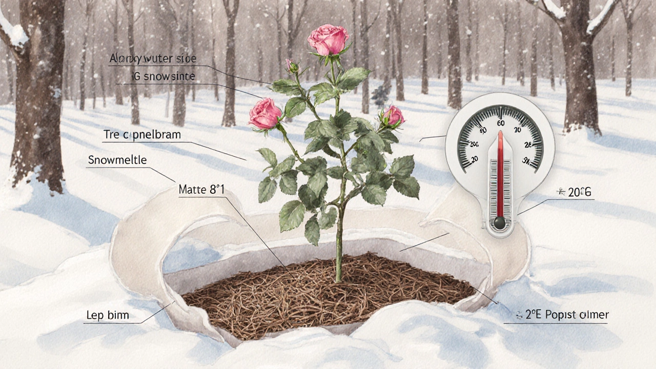 Разрез укрытия розы: глянцевая сторона снаружи, матовая внутри, слой воздуха и хвойный мульчирующий слой.