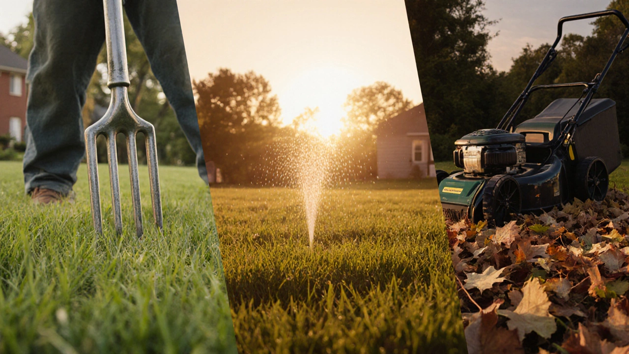 Сезонный уход за газоном: весной аэрация, летом полив, осенью измельчение листьев.