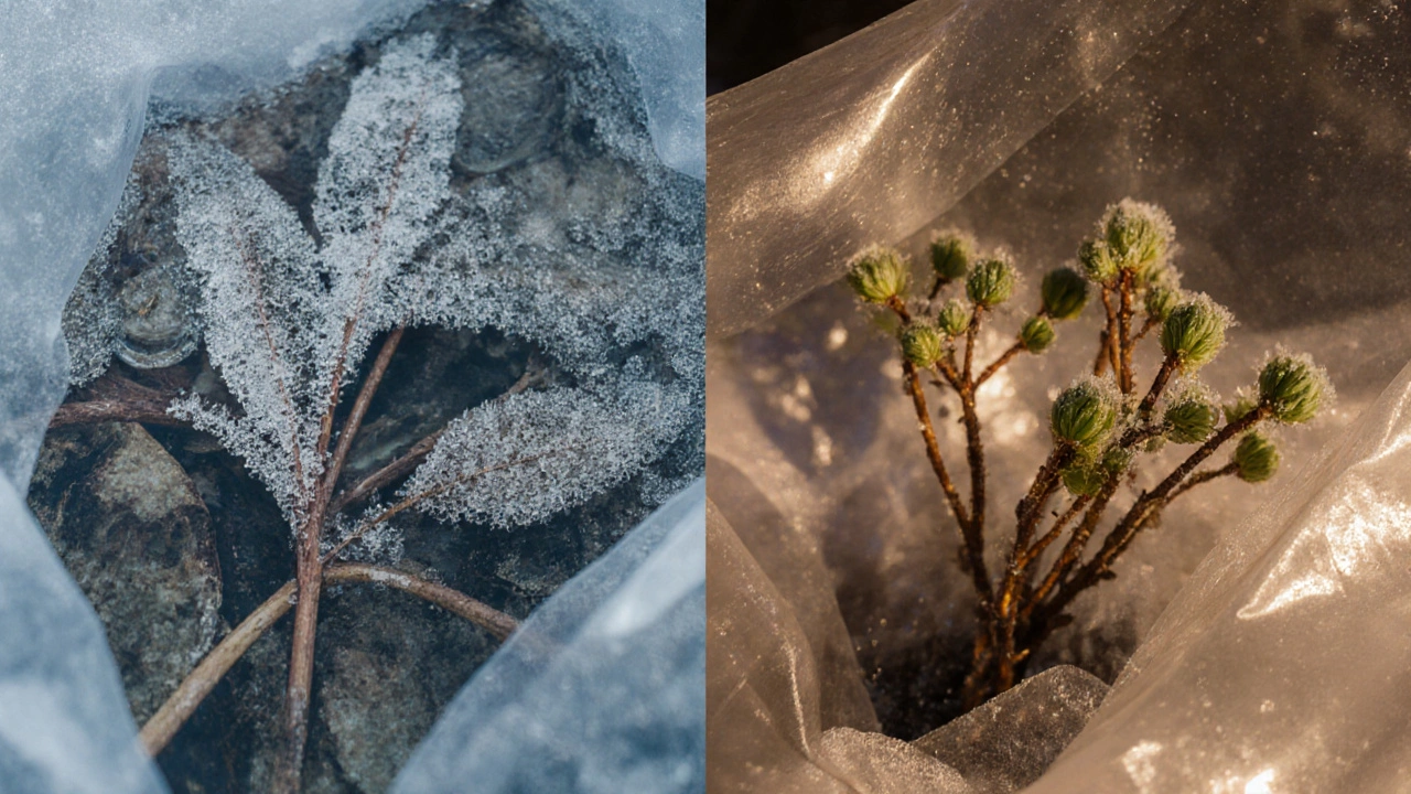 Сравнение: мокрый и замёрзший спанбонд слева против сухого и эффективного укрытия справа.
