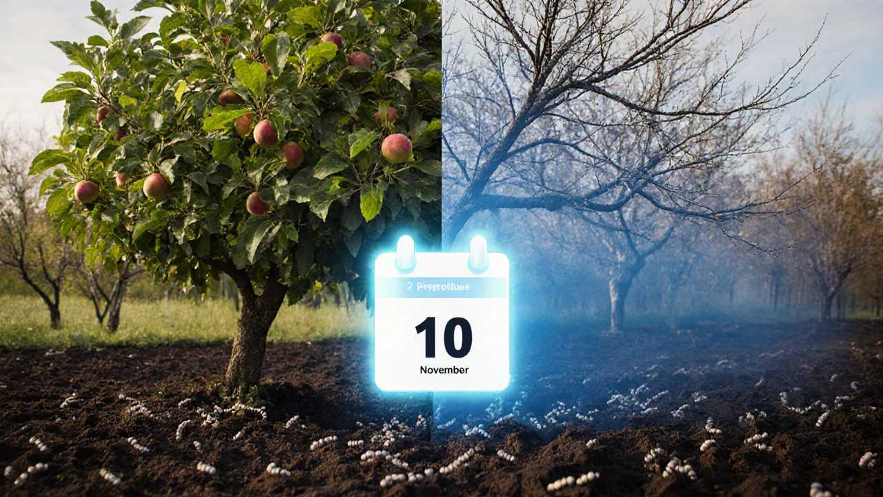 Двусторонняя иллюстрация: весной — здоровые деревья, осенью — опрыскивание синим раствором, символизирующее защиту от болезней.