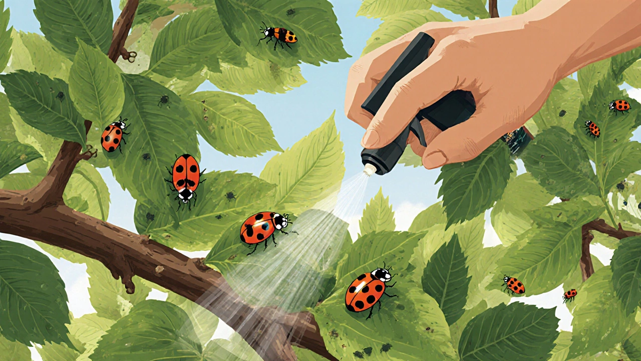 На листьях яблони божьи коровки и златоглазки вместе с опрыскиванием настоем крапивы.