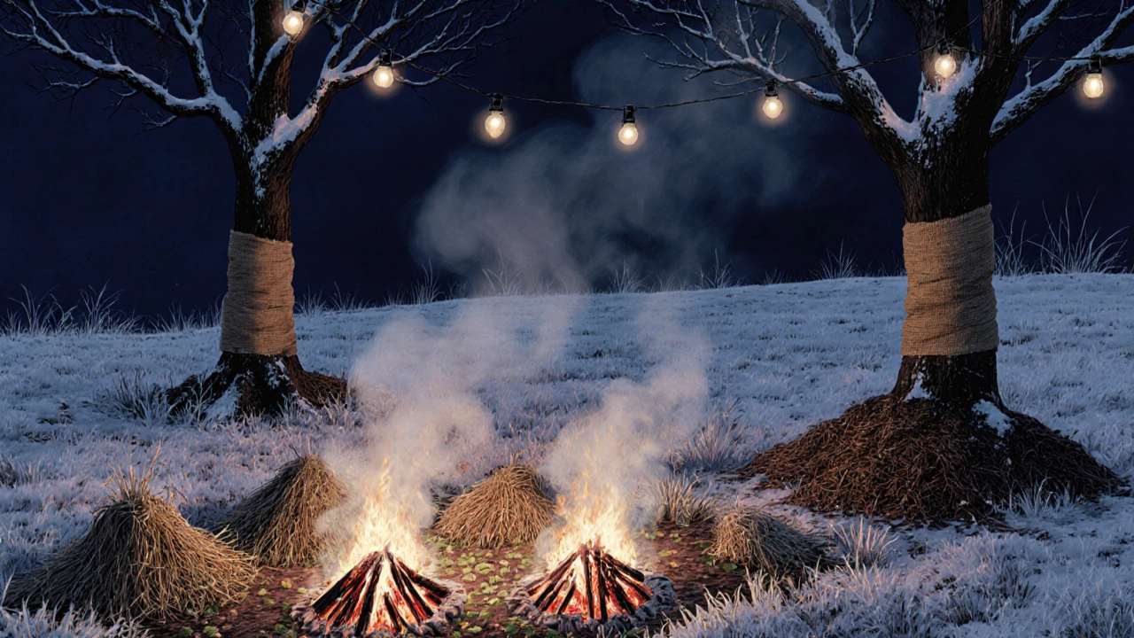 Ночная сцена в саду: дым от костров поднимается над замерзшими кустами, лампы светят на ветвях, холодный воздух скапливается в низине.