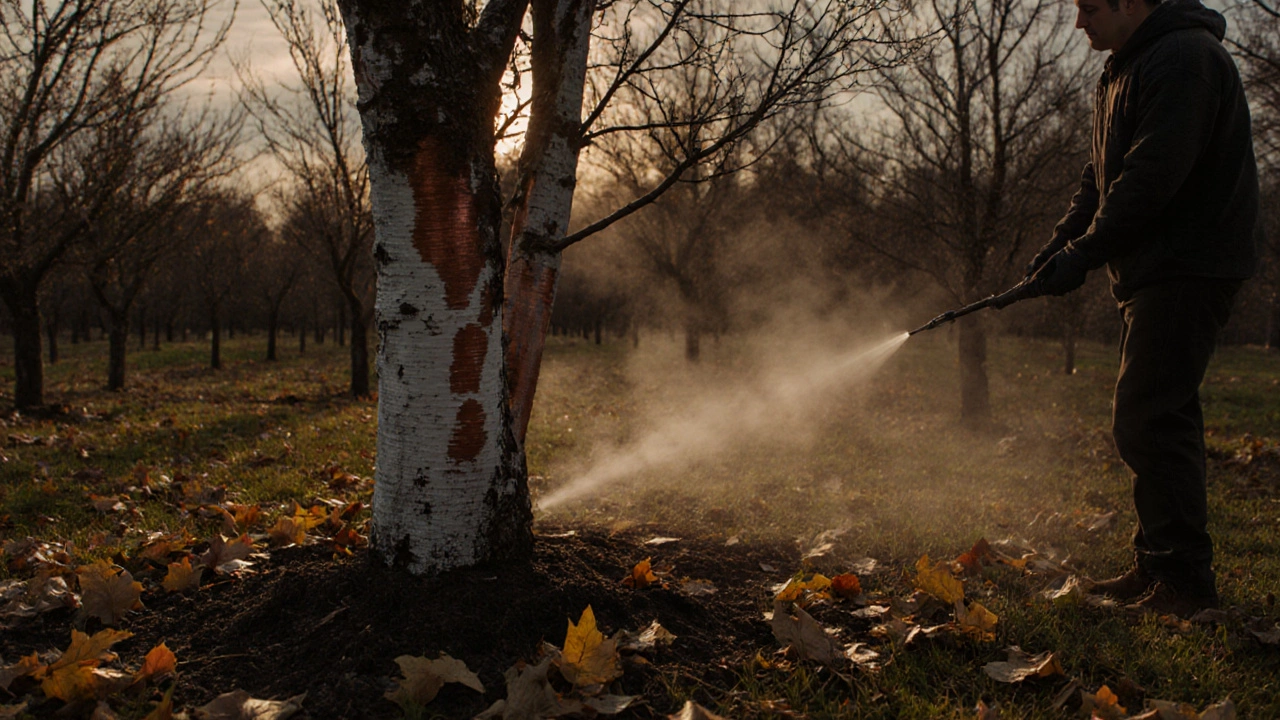 Осенью садовник обрабатывает стволы деревьев железным купоросом под опавшими листьями.