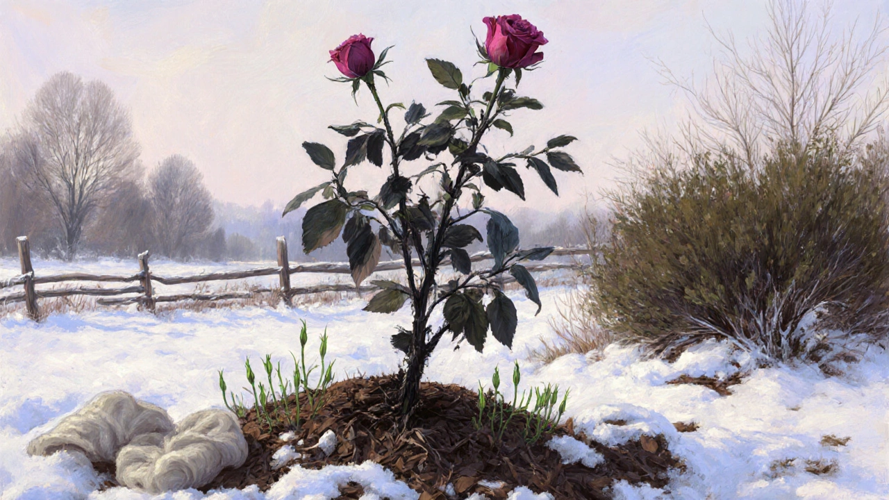 Повреждённая роза с сухими ветками, но зелёные побеги растут у основания под слоем снега и укрывного материала.