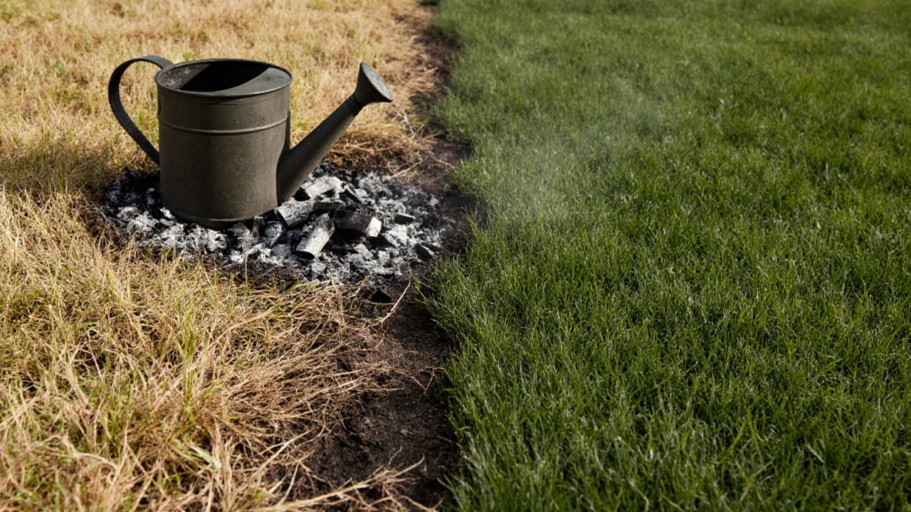 Поврежденный участок газона рядом со здоровой зеленью, рядом — разлитая зола.