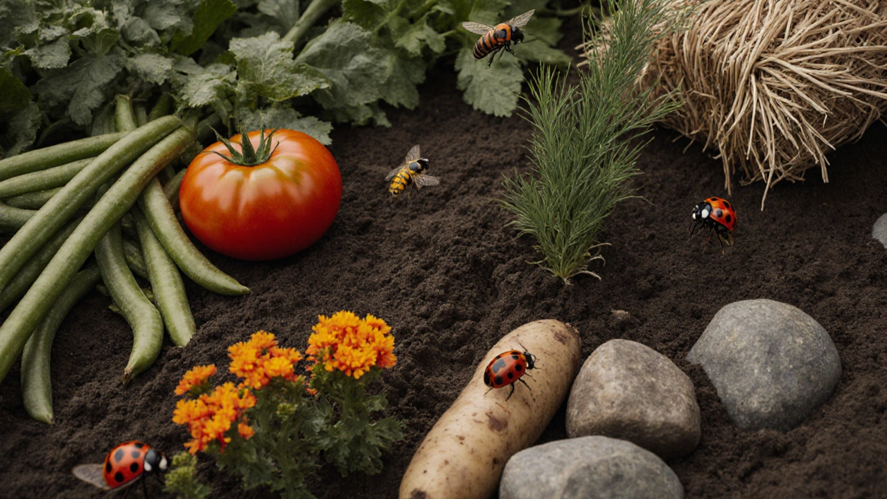 Разнообразный сад с полезными растениями, насекомыми и укрытиями для диких опылителей, без химикатов.