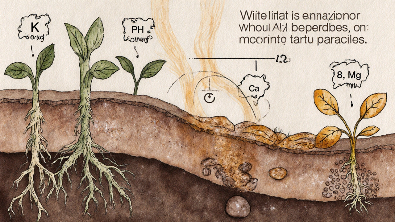 Разрез почвы с корнями и минералами, показывающий влияние золы на кислотность.