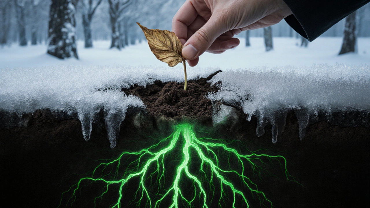 Рука держит сухой лист над землёй, а под землёй светятся живые корни, пробивающиеся сквозь лёд.