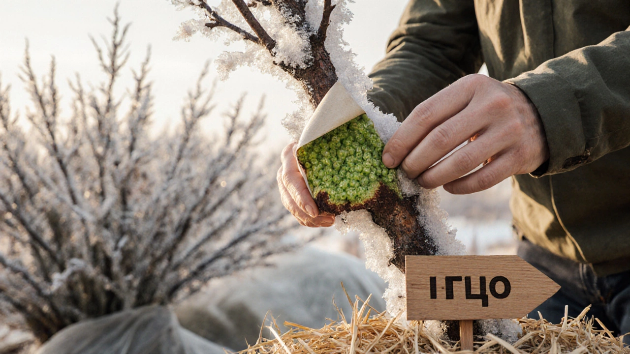 Рука садовника снимает кору с ветки, показывая зелёный слой под ней — признак живого растения после заморозка.
