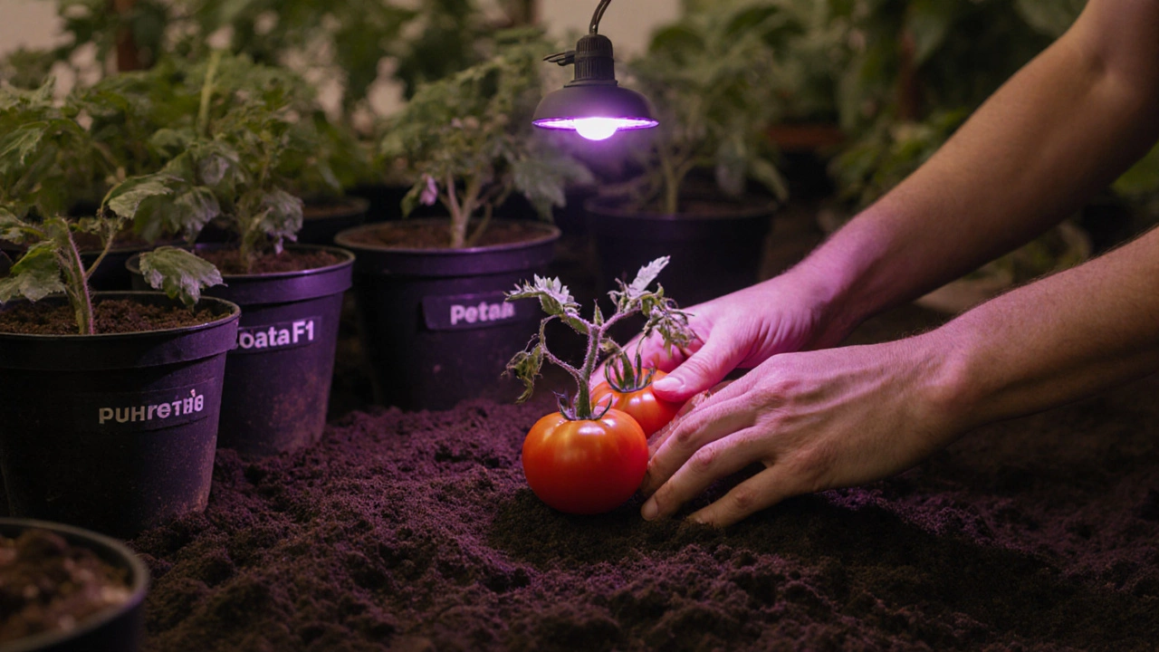 Руки сажают помидоры в обогащённую почву под фитолампой
