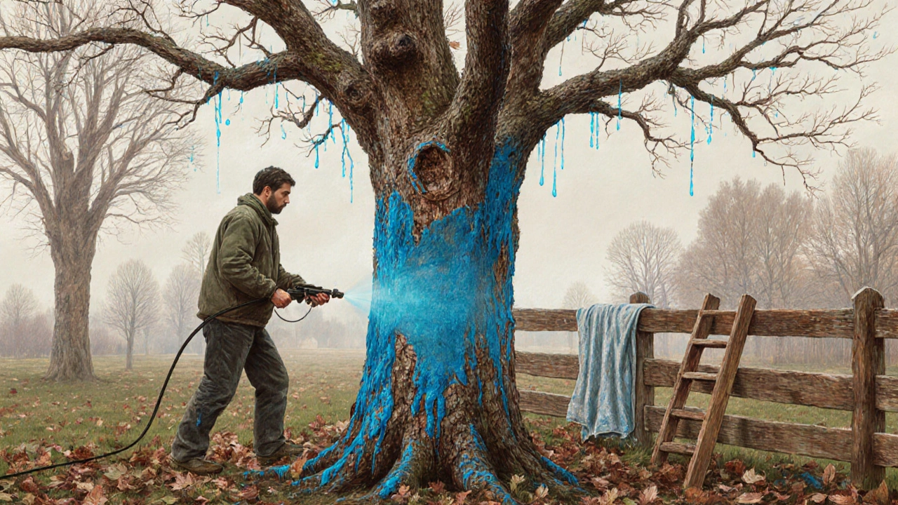 Садовник опрыскивает синим раствором ствол яблони осенью, на земле — опавшие листья, на заднем плане — забор.