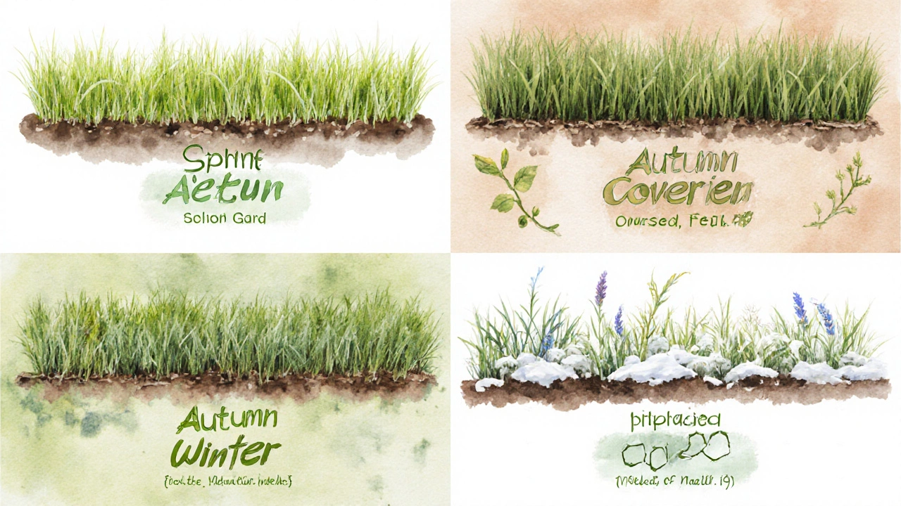 Сезонный календарь ухода за газоном: весна, лето, осень и зима, изображённые водяными красками.