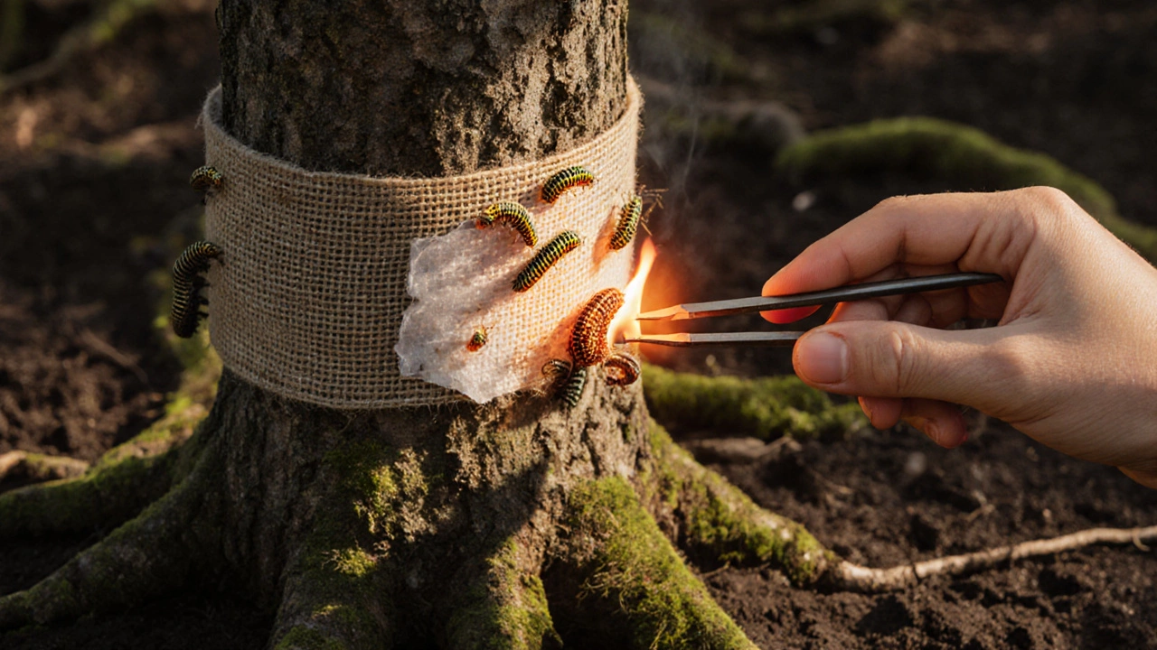 Ствол дерева с ловчим поясом, на котором застряли вредители, рука удаляет их над огнем.