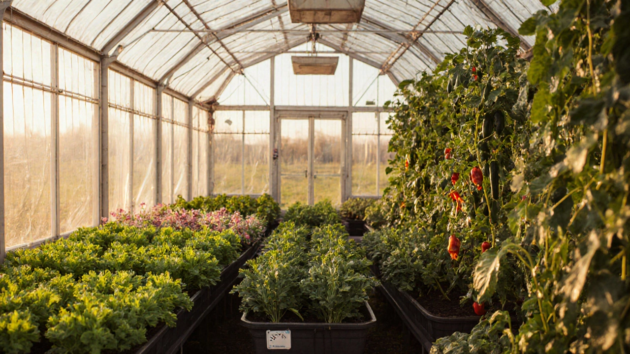 Теплица в апреле: зелень, перец и огурцы растут рядом, свет солнца, открытый вентиляционный люк