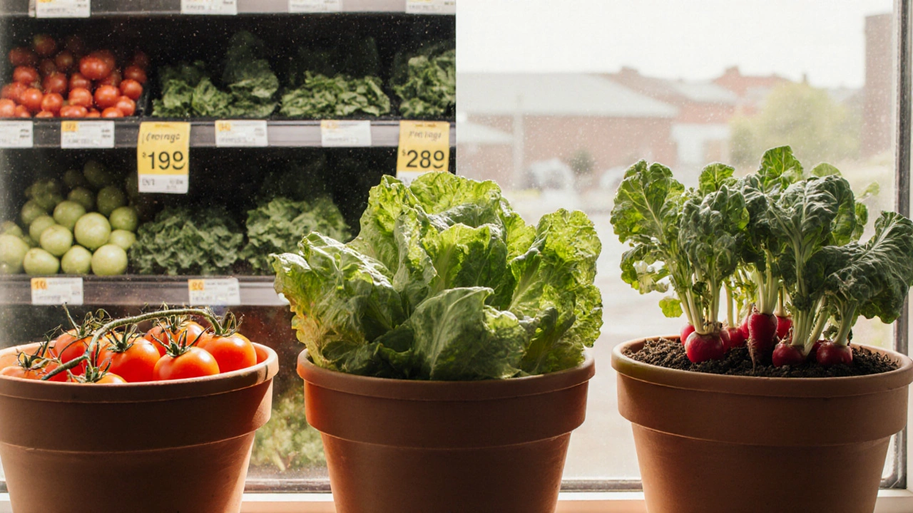 Три горшка с разными овощами на подоконнике, рядом — сравнение с магазинными овощами.