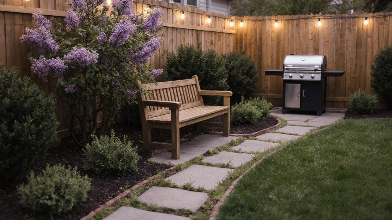 Уютный сад с лавандой, дорожкой и грилем, созданный для семейного отдыха без художественных эскизов.