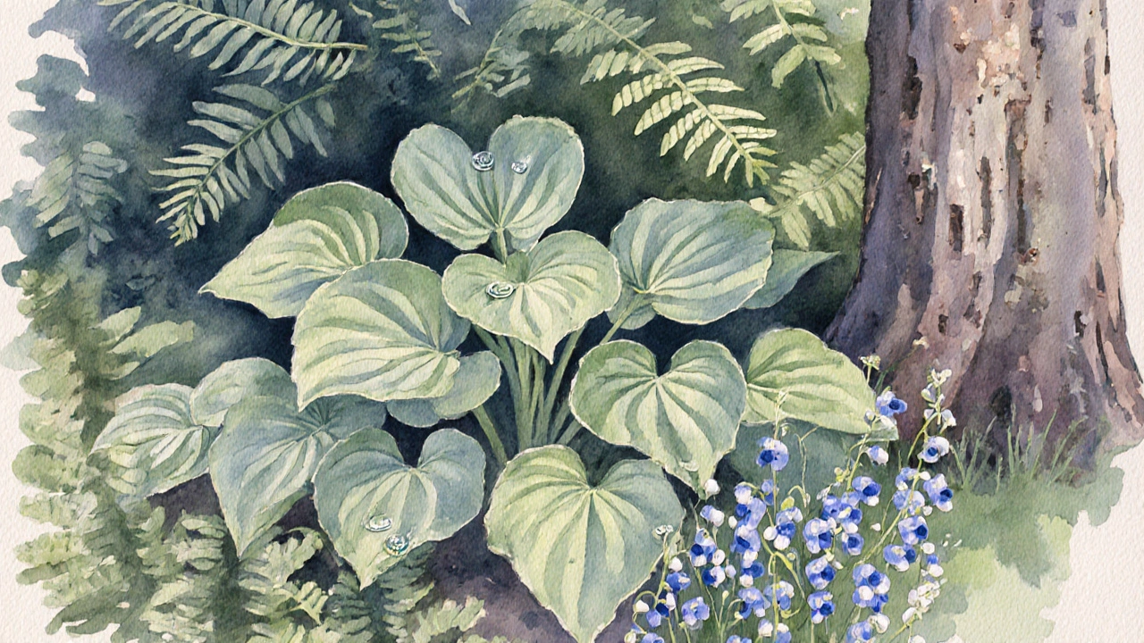 Водяная живопись тенистого сада с слоистой композицией: хосты, бруннера и ландыши в пастельных тонах.