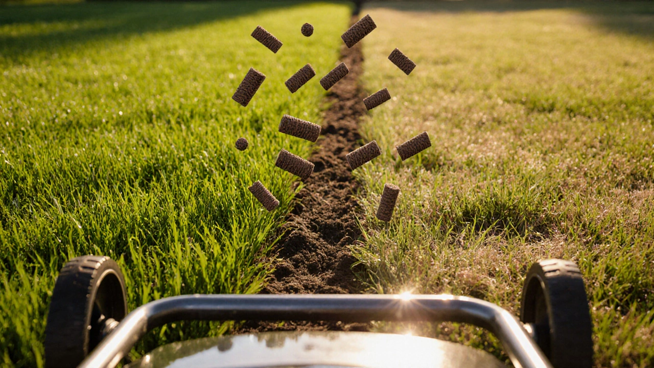 Здоровый густой газон рядом с редким, между ними — образцы почвы и гранулы удобрений.