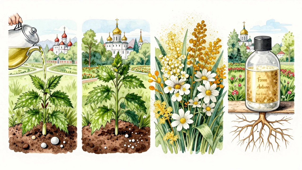 Четыре сцены ухода за цветами по сезонам: весна — настой крапивы, лето — зола, осень — калимагнезия, все в стиле акварели.