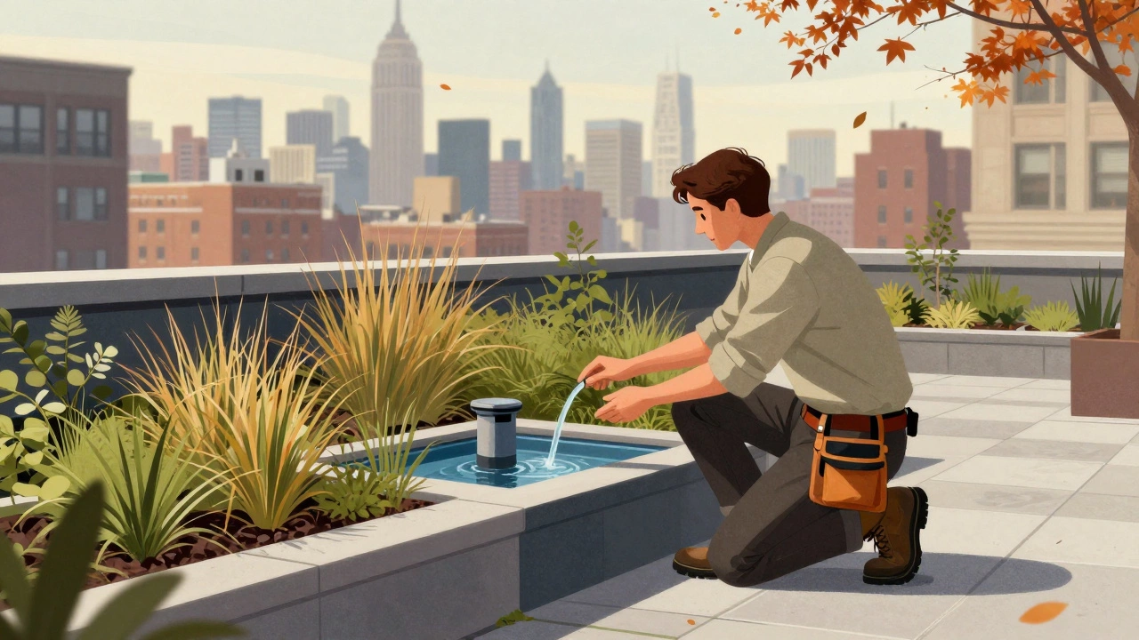 Дизайнер объясняет систему сбора дождевой воды на городском крыше в Нью-Йорке, осенью, с видом на небоскрёбы.