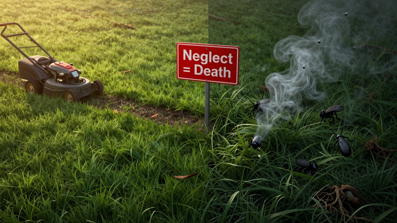 Контраст: здоровый газон с мульчированием слева и загрязнённый, гниющий — справа, с видимыми вредителями.