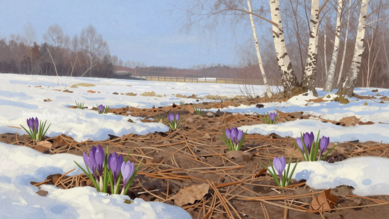 Крокусы и мускари пробиваются сквозь тонкий слой снега под зимним небом.