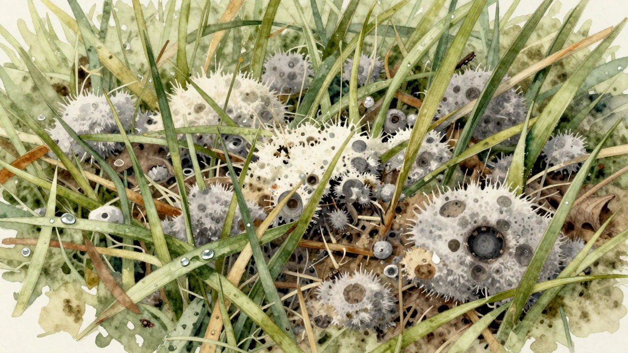 Крупный план поражённого грибком газона: белый налёт, тёмные кольца и влажная мёртвая трава.