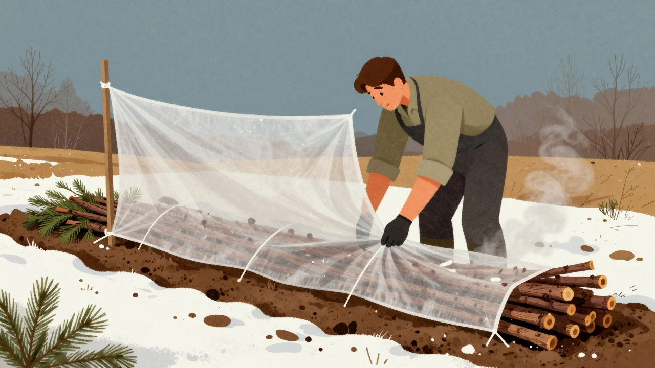 Малина, связанная в пучки и накрытая нетканым материалом, рядом лежат еловые ветки.