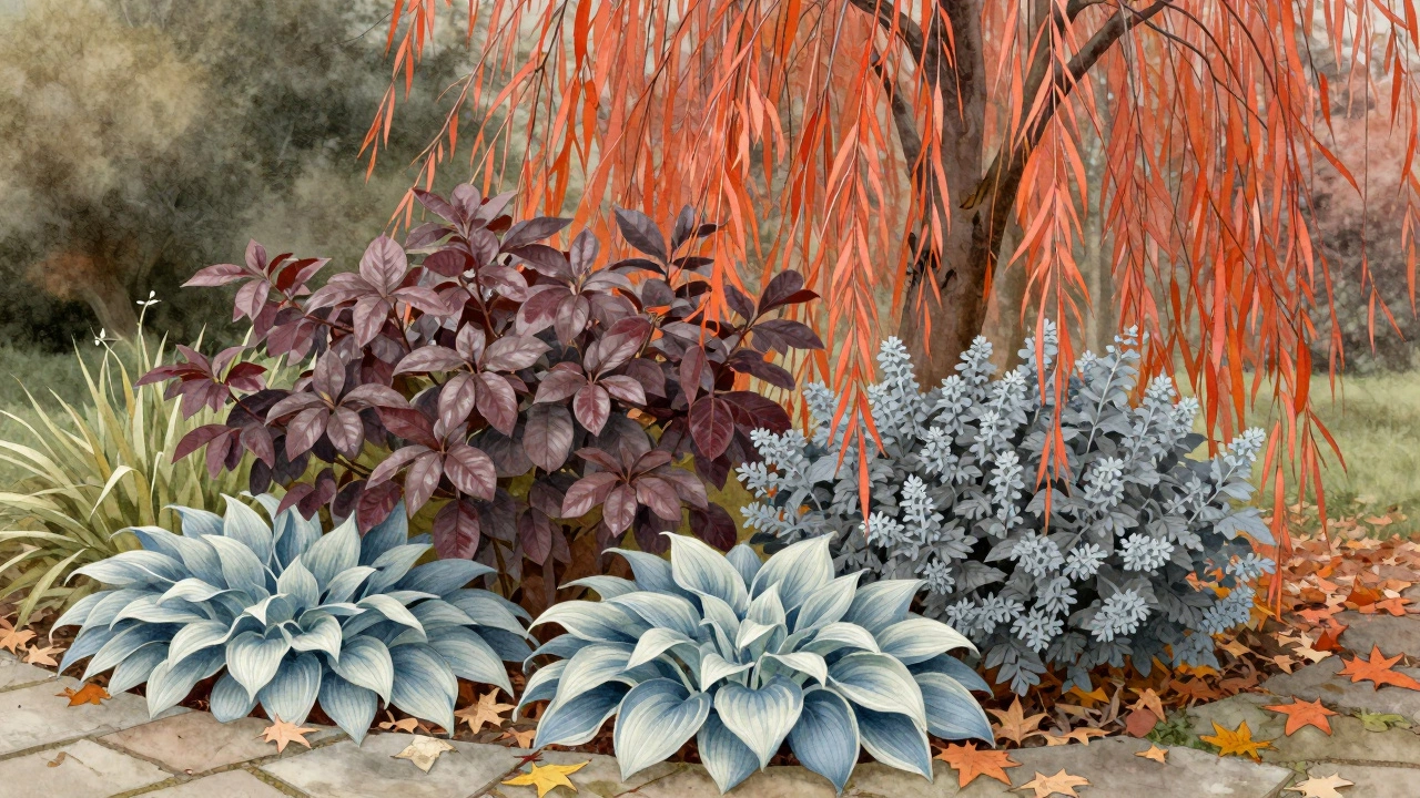 Осенняя композиция тенистого сада: три уровня растений с багряными листьями и яркими ягодами.