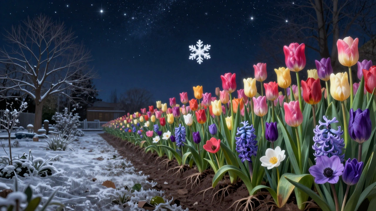 Переход от зимней земли к весеннему цветнику: корни растут вниз, цветы — вверх, снежинка в центре.