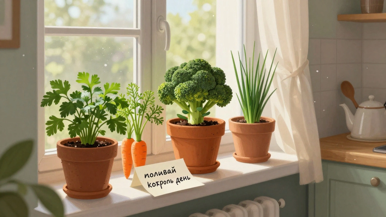 Подоконник с горшками брокколи, моркови и зелени в уютной квартире
