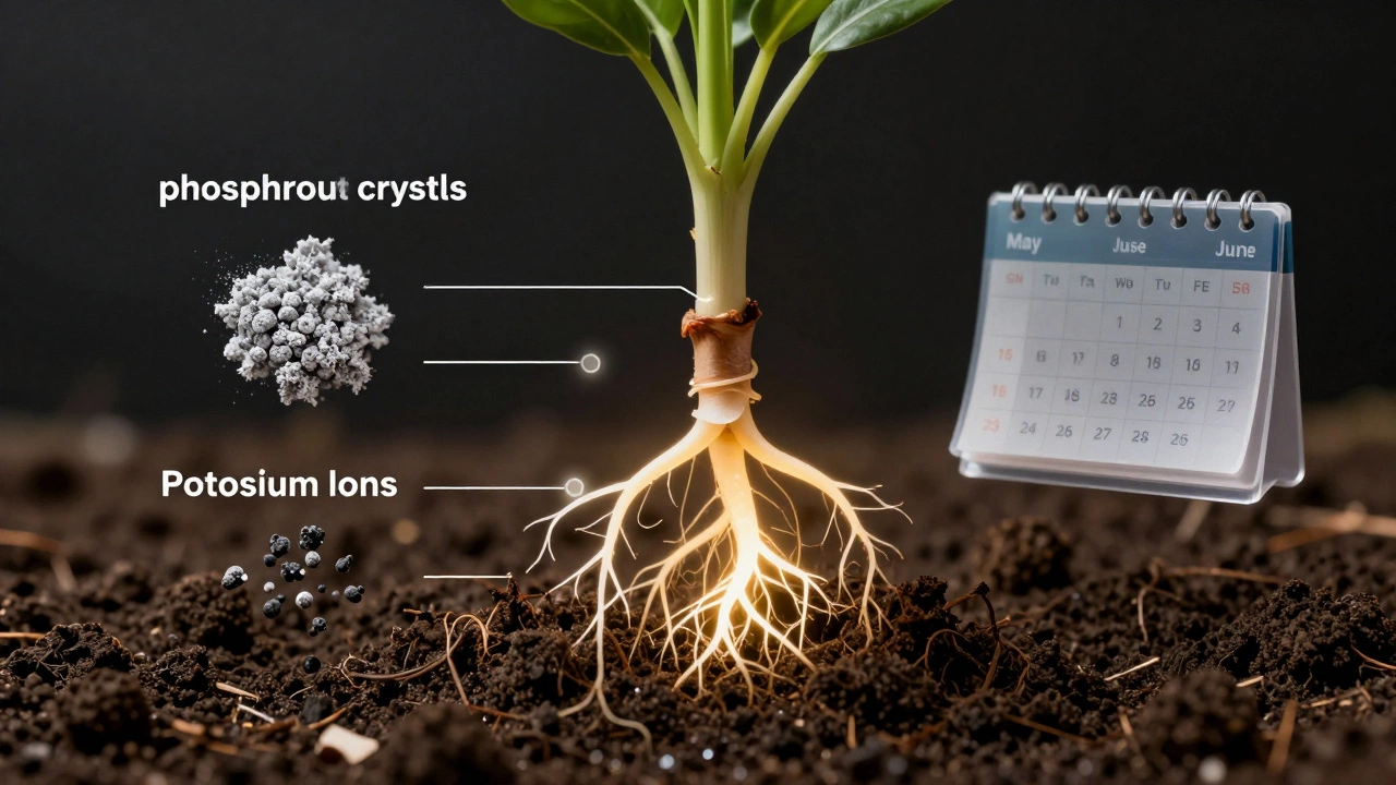 Разрез корневой системы цветов, где видны питательные вещества — фосфор, калий и зола — в виде светящихся частиц над почвой.