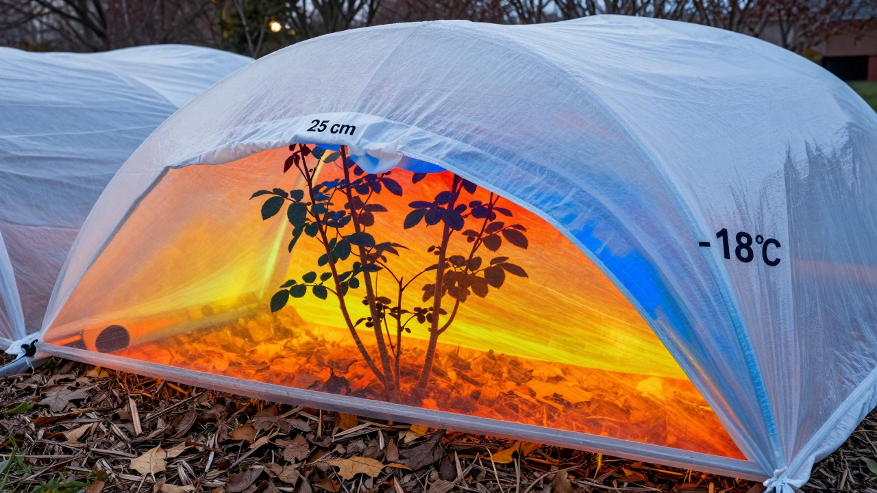 Разрез куста розы под укрытием: тёплый воздух внутри, мороз снаружи, слой листьев у корней, зазор между растением и тканью.