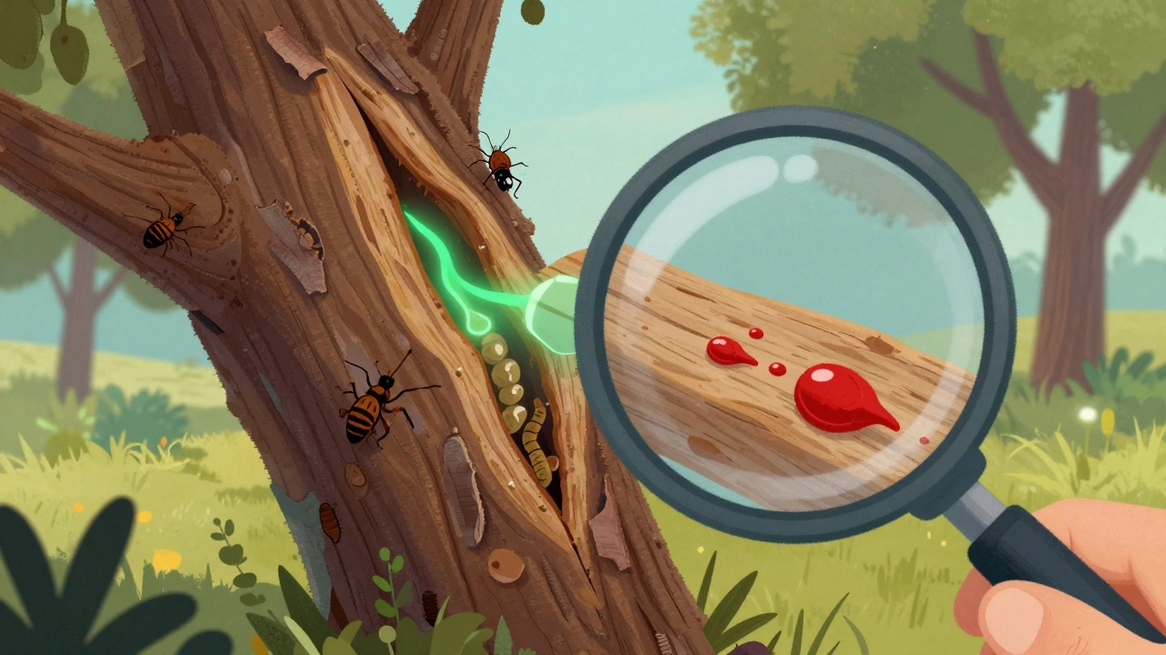 Разрез ствола дерева с видимыми вредителями и биологическими средствами, проникающими в кору.