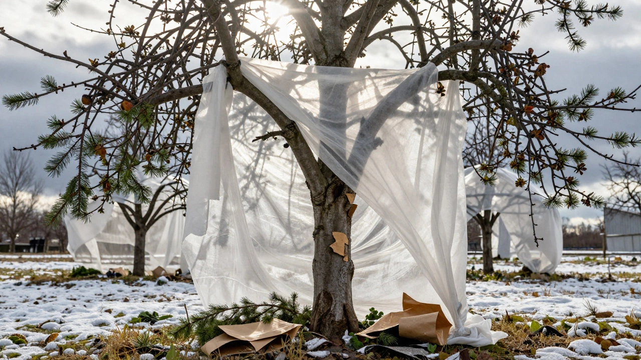 Руки снимают зимнее укрытие с яблони весной, снег тает, на земле лежат снятые ветки и ткань, солнечный свет пробивается сквозь облака.