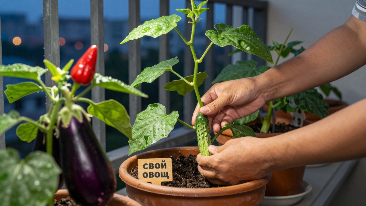 Руки собирают огурцы с вертикальной шпалеры на балконе при свете фитоламп