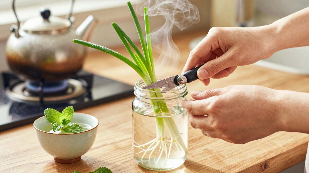 Руки срезают зелёные перья лука из стакана с водой, рядом чашка чая с листом мяты.