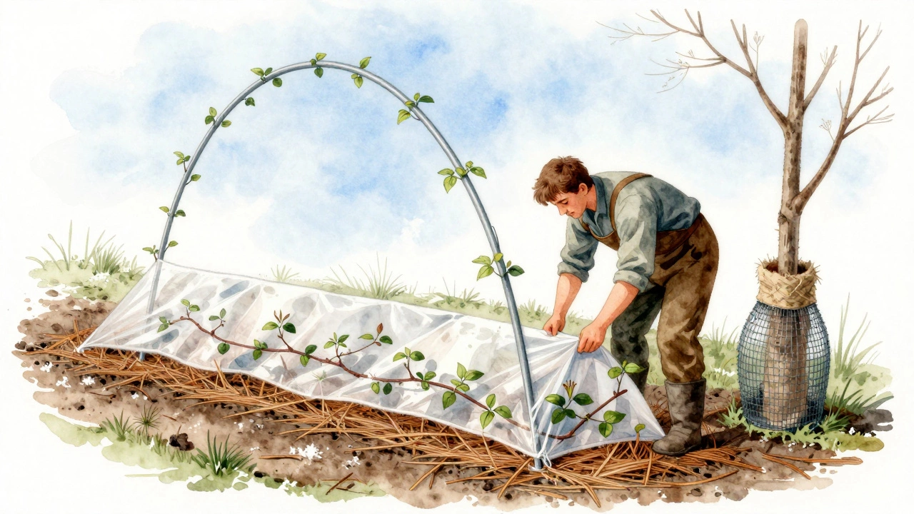 Садовник укладывает лозу клематиса на землю и накрывает её хвоей и агроволокном, дерево с обмоткой из мешковины на заднем плане.