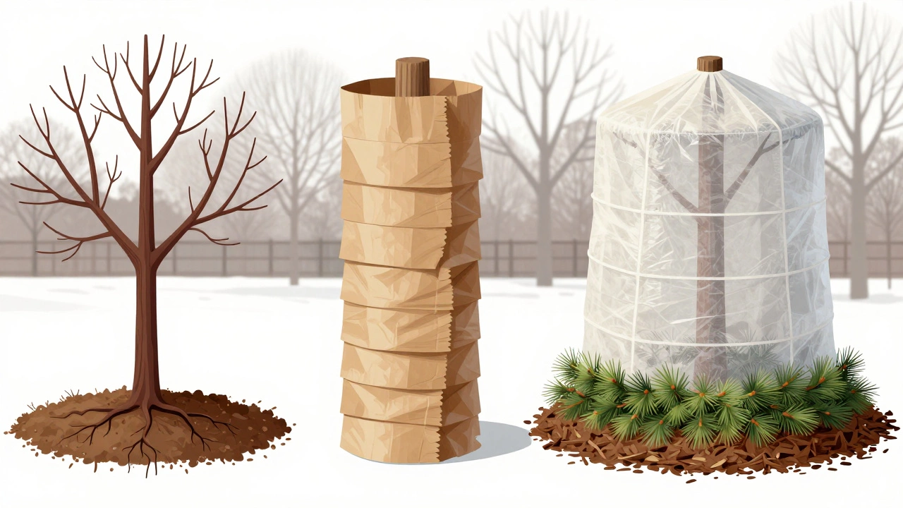 Схематичное изображение пошагового укрытия дерева: от голого ствола до многослойной защиты крафт-бумагой, спанбондом и еловыми ветками.