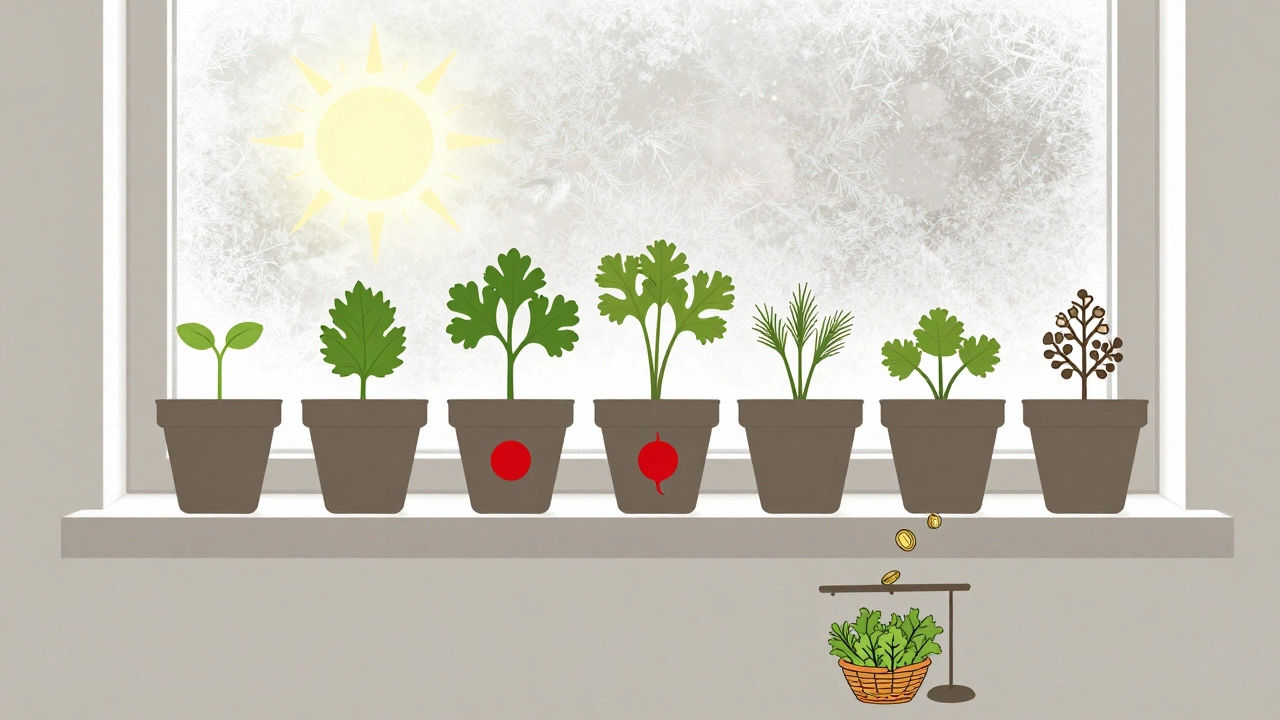 Силуэты семи растений на подоконнике с символами и солнцем за окном, обозначающими домашний огород.