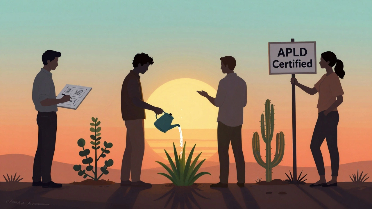 Символическое изображение ландшафтного дизайнера как профессионала, сочетающего дизайн, экологию и сертификацию.