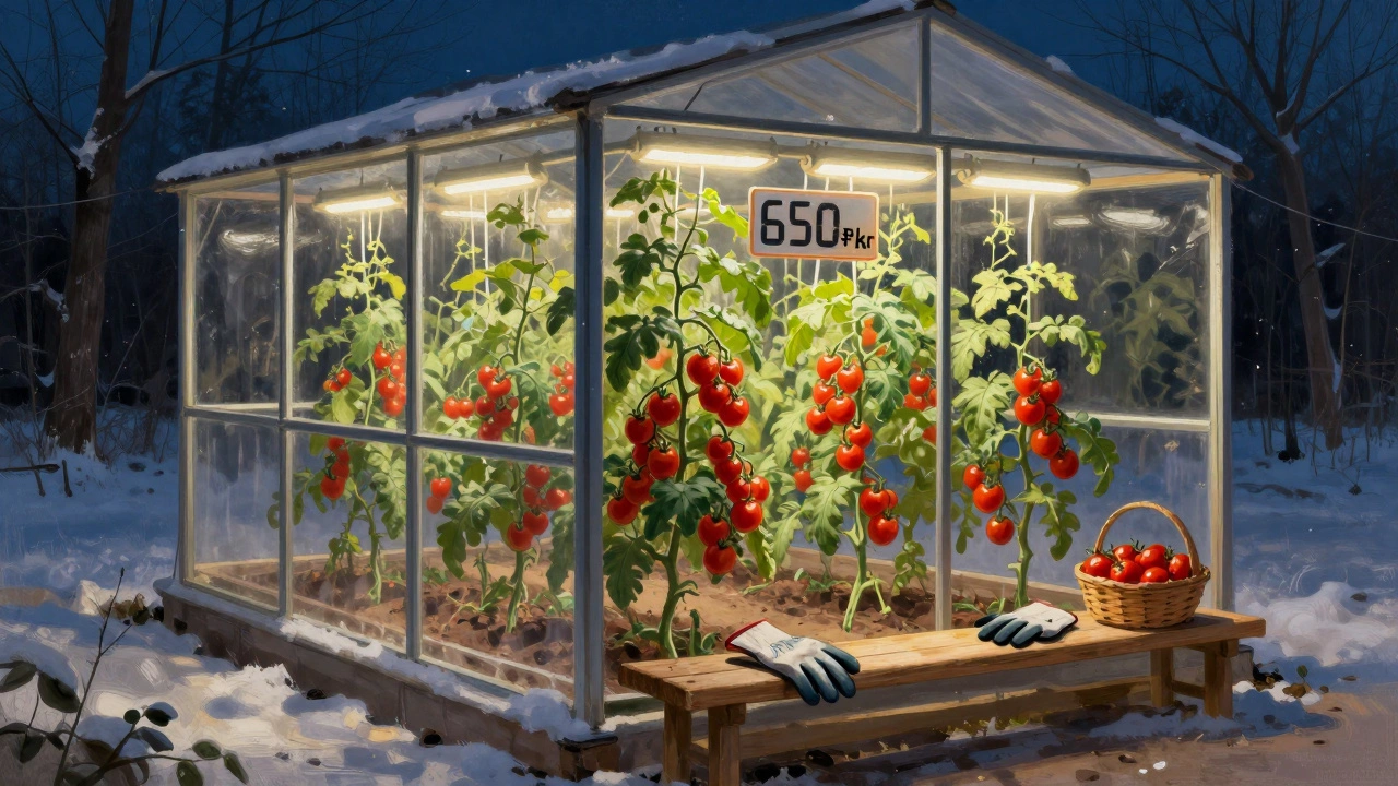 Теплица с помидорами ночью, светящиеся растения, за окном снег, корзина с урожаем.