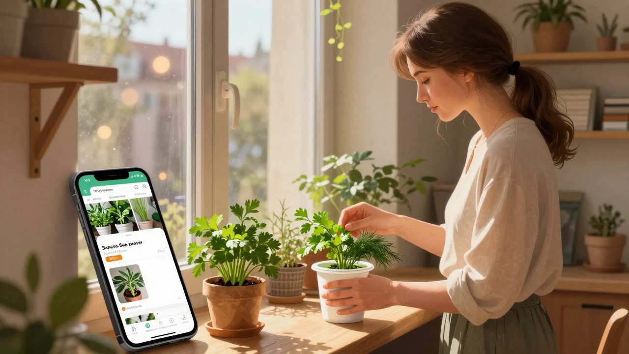 Женщина у окна упаковывает свежую зелень в контейнеры, на подоконнике семена и растения.