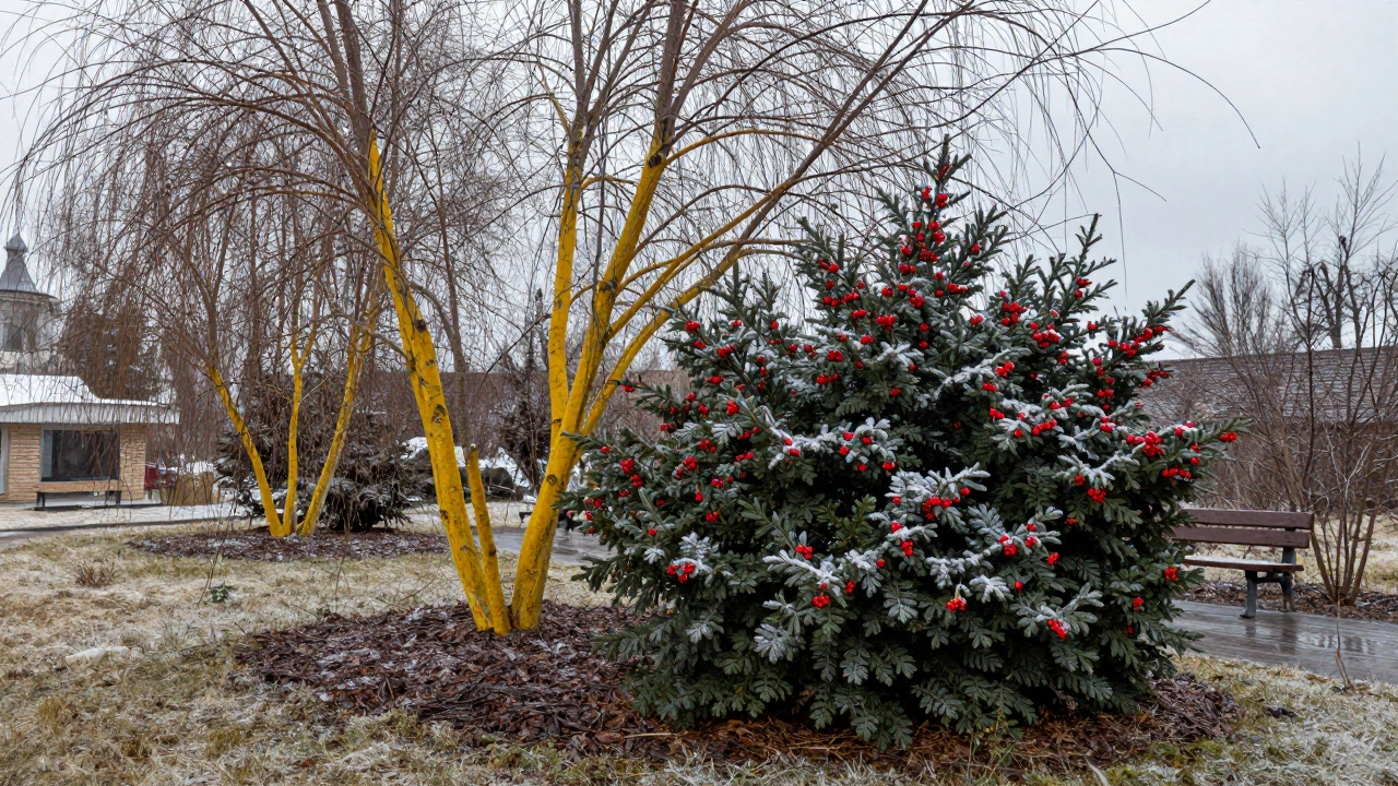 Зимний сад в Калуге: ива с красными ветками, кизильник с ягодами и мульча под кустами под серым небом.