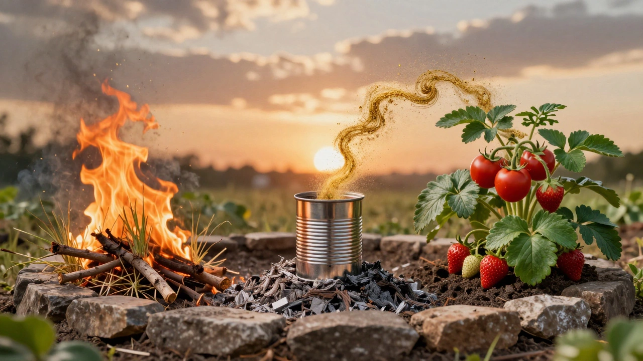 Цикл экологичного садоводства: огонь → зола → здоровые растения, золотые частицы питательных веществ соединяют сцены.