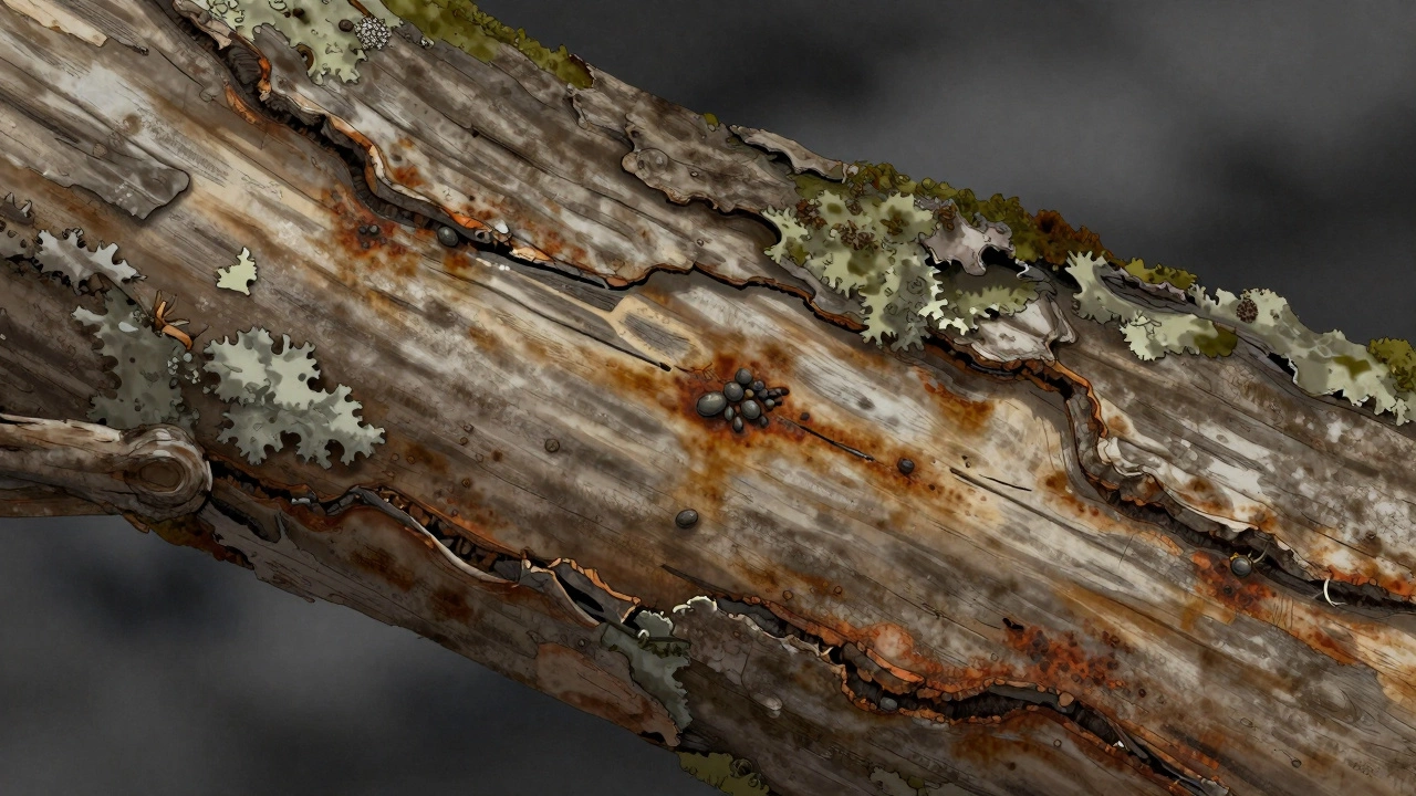 Детализированный кадр коры дерева с ржавым налётом от железного купороса и разрушающимися спорами грибов.