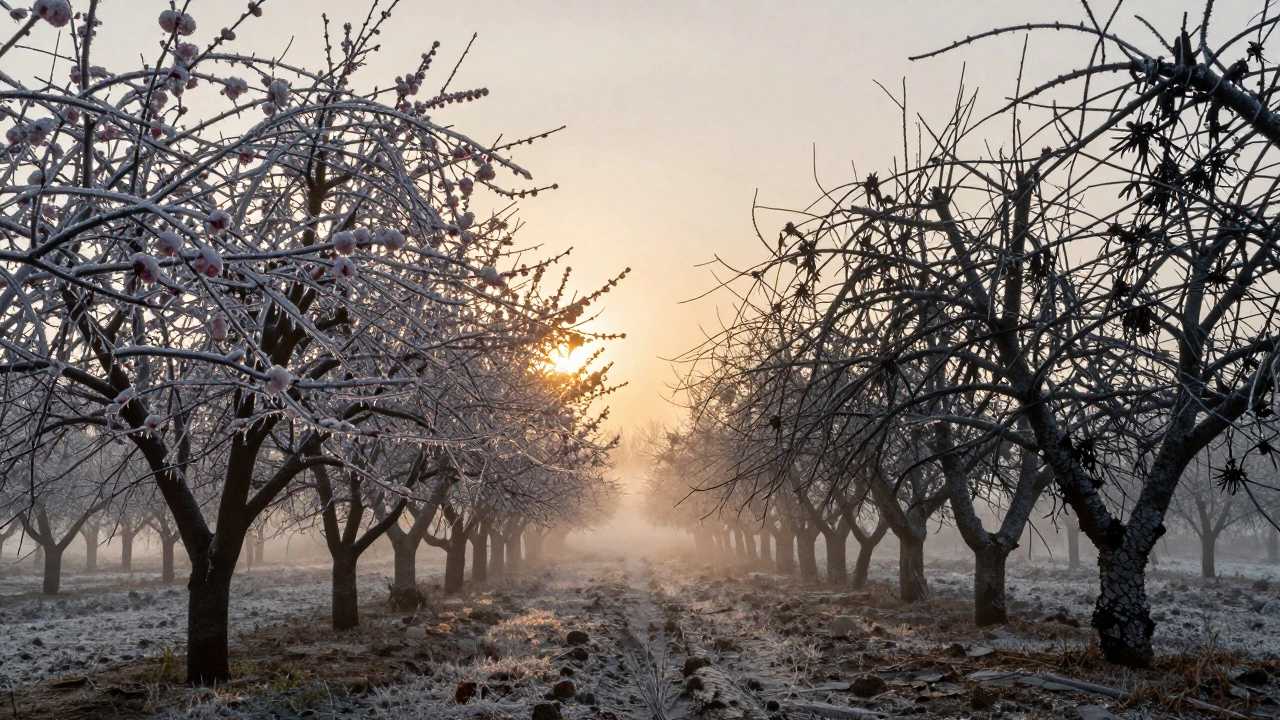 Два сада после заморозка: слева — деревья с живыми цветами под льдом, справа — погибшие ветви с чёрными почками.
